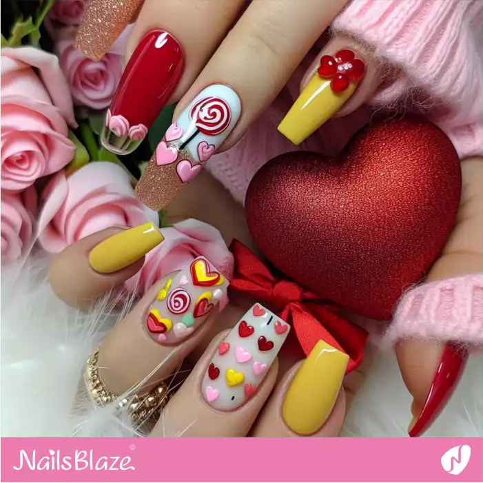 Lollipops and Sweetheart Candies Valentine Nail Design | Valentine Nails - NB2188